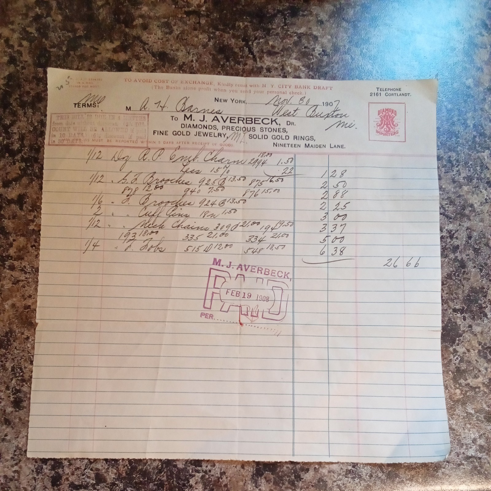 Antique Vtg Ephemera Billhead New York  M.J. Averbeck Jewelry Gold Diamonds 1907