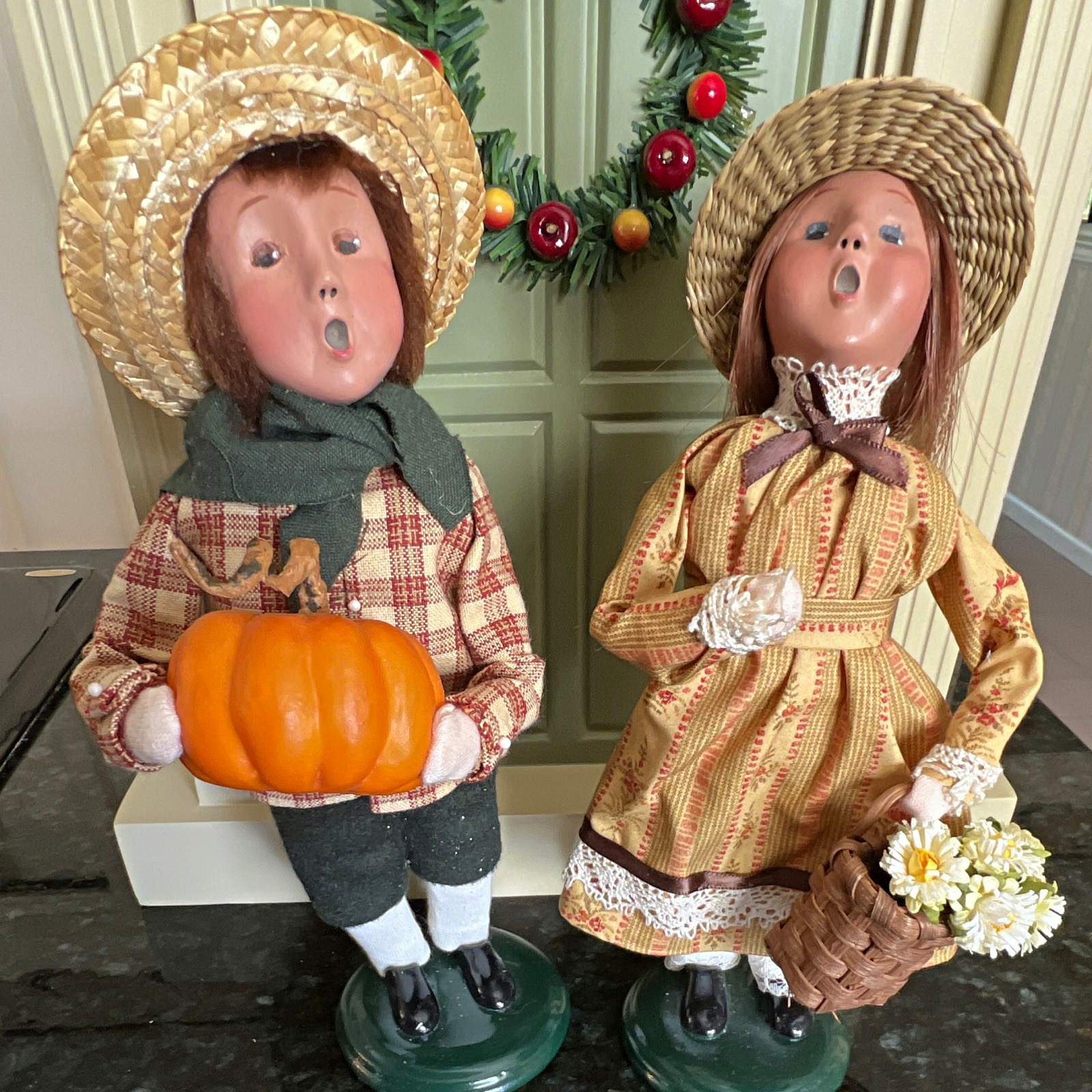 Byers\' Choice Fall Harvest Carolers Set boy w/ pumpkin girl w/ basket flowers