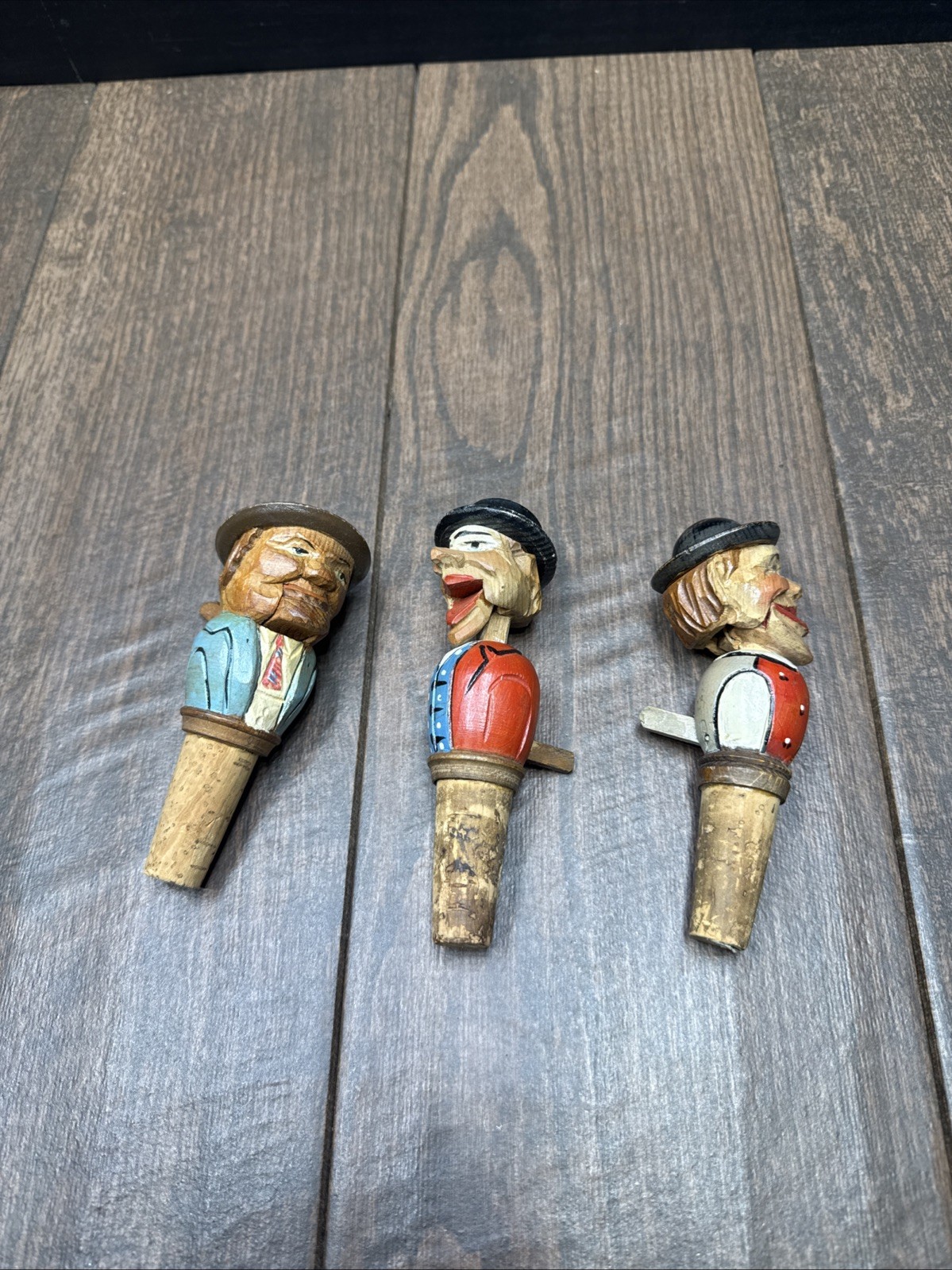 Lot Of 3 Vintage ANRI Carved Wooden Bottle Stoppers Lot Of 3 Vintage ANRI Carved Wooden Bottle Stoppers