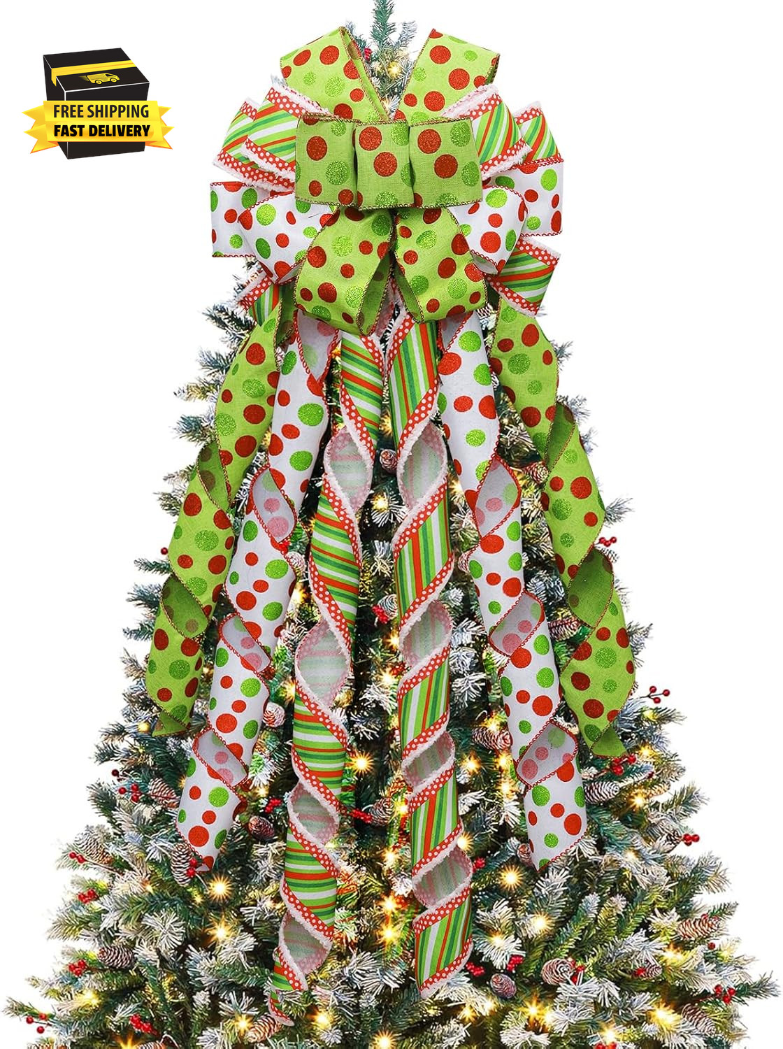 Christmas Tree Topper Wreath Large Green Christmas Bow Tree Topper, Red Green Do