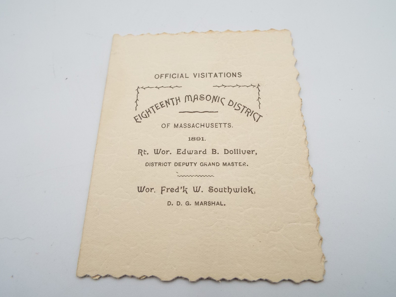 1891 OFFICIAL VISITATION EIGHTEENTH MASONIC DISTRICT SCHEDULE