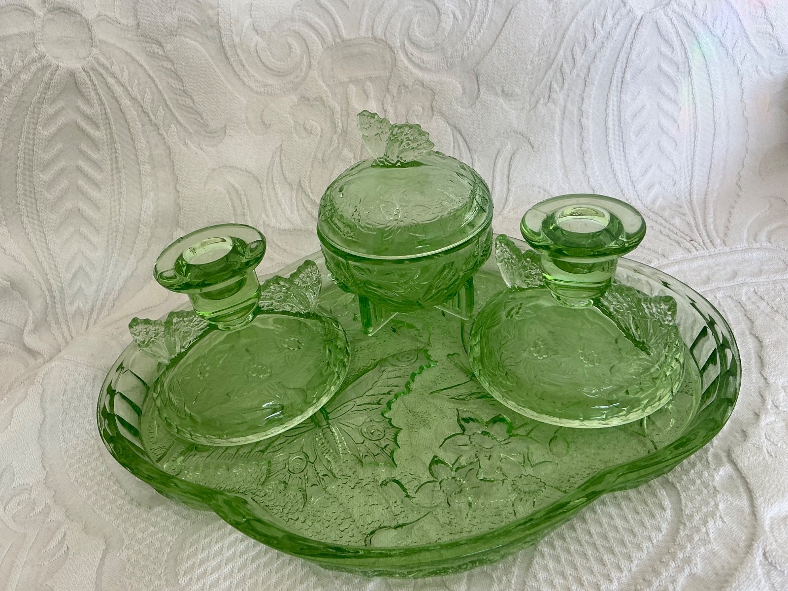 Vintage Sowerby Green Glass Butterfly Dressing Table Vanity Set Art Deco 1930s