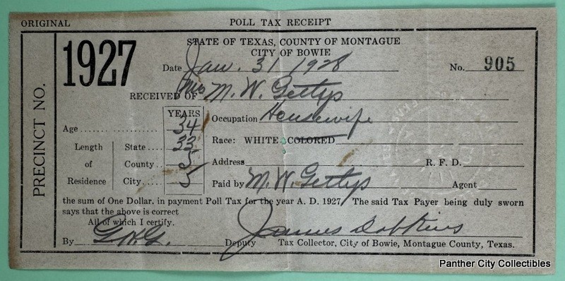 Antique Original 1927 Poll Tax Receipt Montague County Bowie Texas Antique Original 1927 Poll Tax Receipt Montague County Bowie Texas