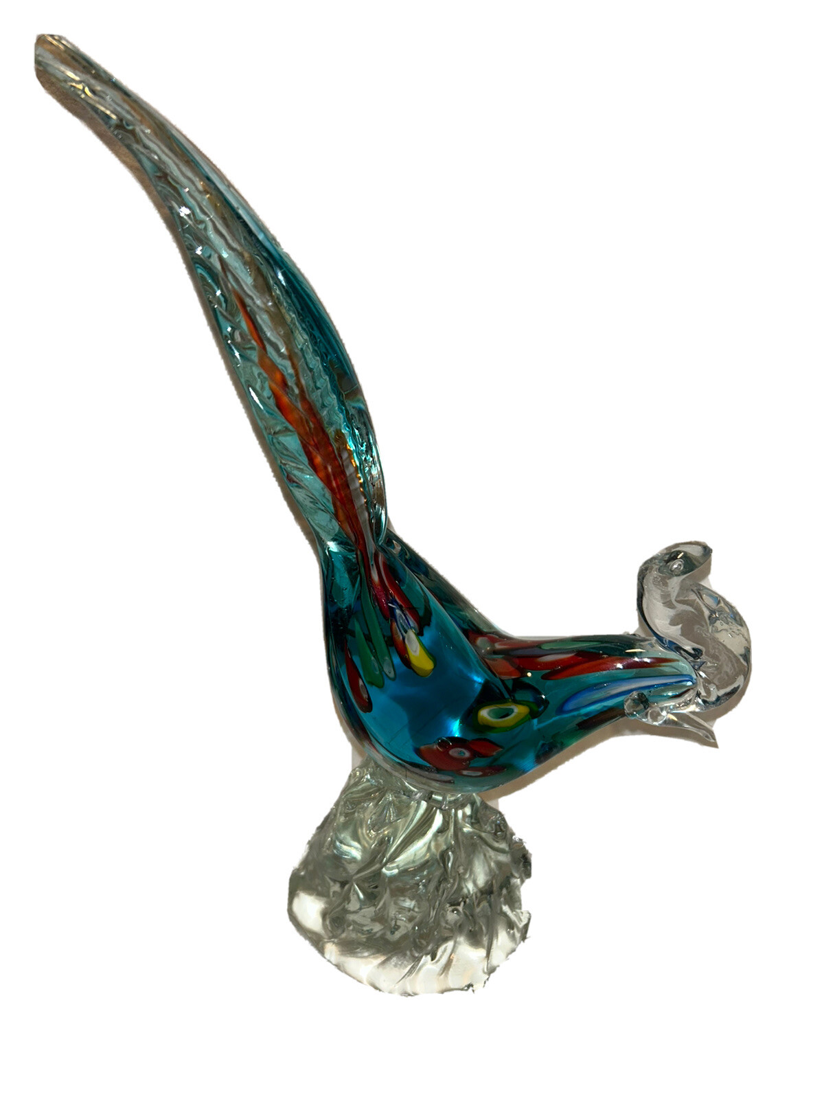 Unique Mid Century Art Glass Murano Bird with Long Tail Figurine 12” Tall Heavy
