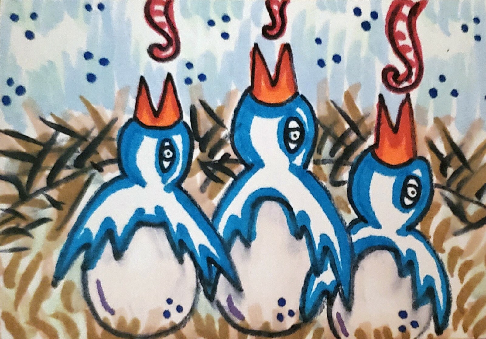Baby Birds in Nest 5 x 7 Folk Art Print Signed by Artist KSams Bluebird