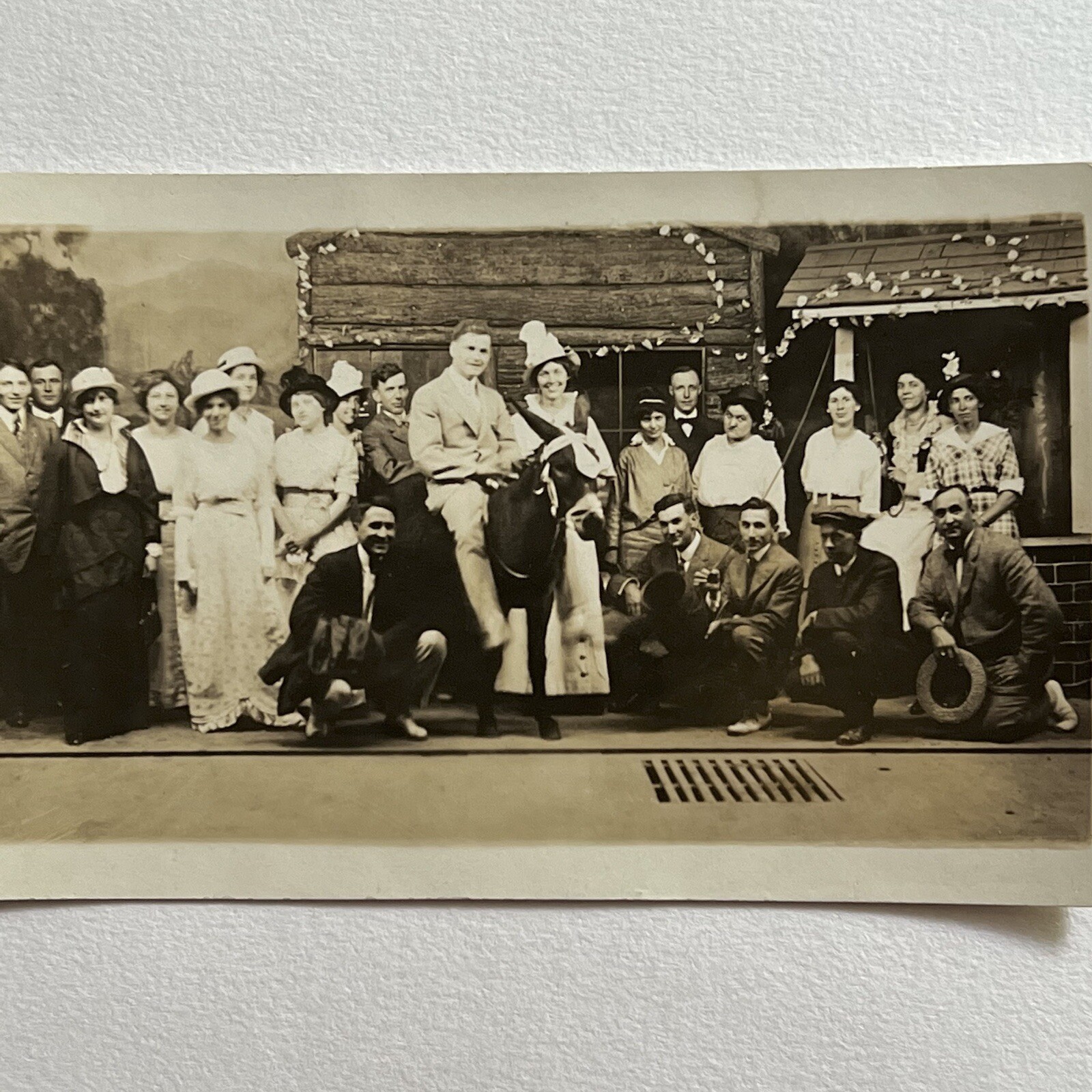 Antique RPPC Real Photograph Postcard Group Men Women Mule Donkey Play Stage