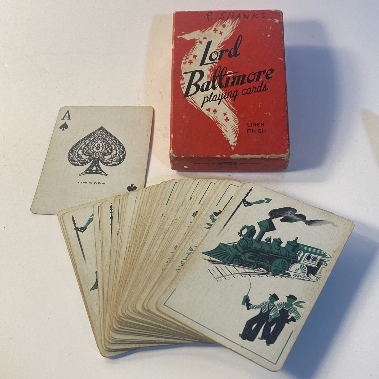 Vintage 1953 Lord Baltimore POKER LINEN PLAYING CARDS W/ Box S-1175 Rexall
