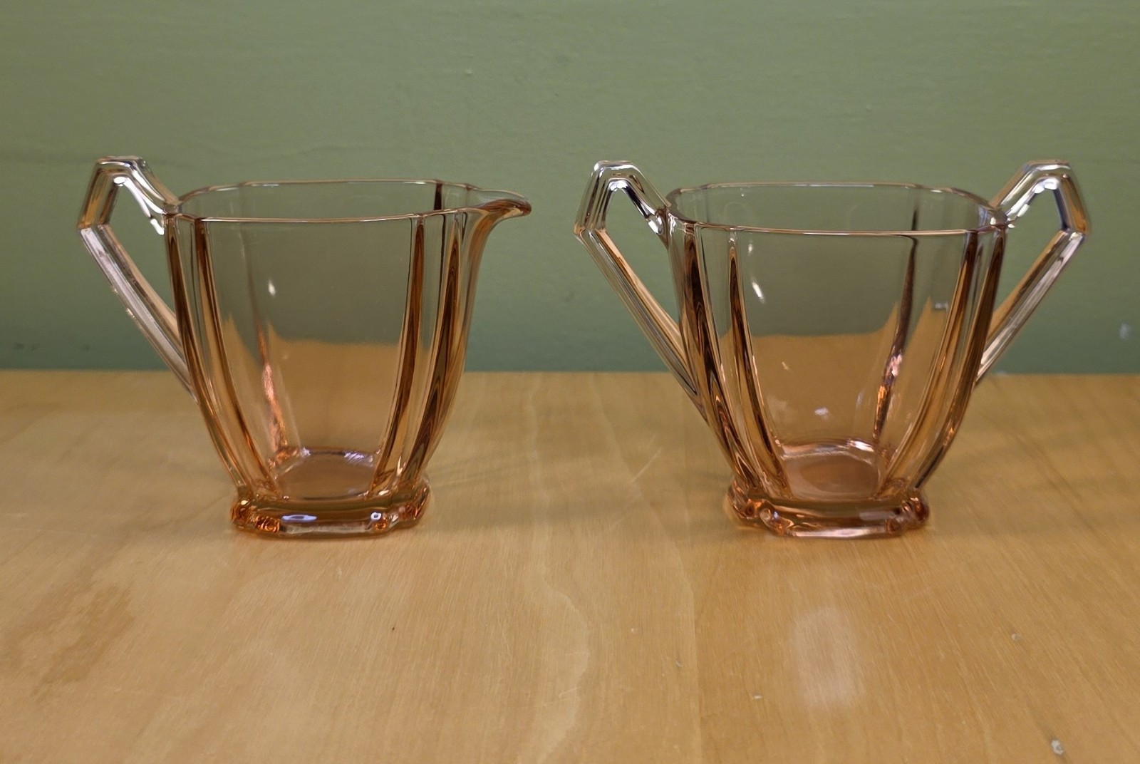 Vtg 2 Pc Set Heisey? Pink Flamingo Depression Glass Cream & Open Sugar 