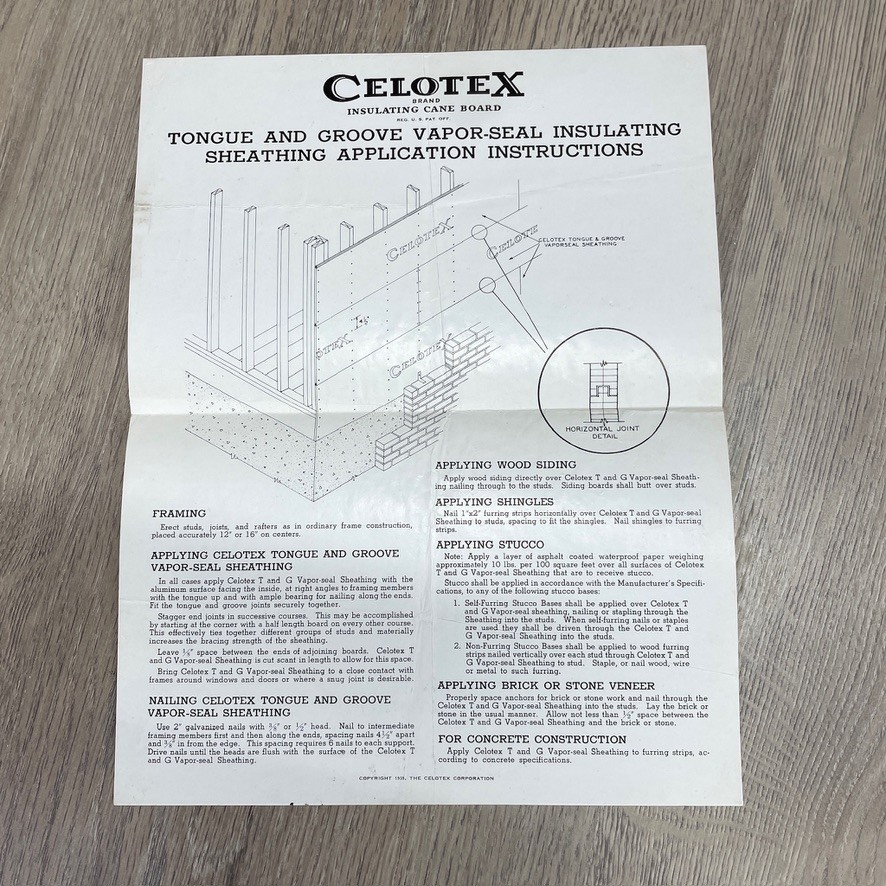 CELOTEX Vapor-Seal Insulating Sheathing Application Instructions Sheet 1950s VTG