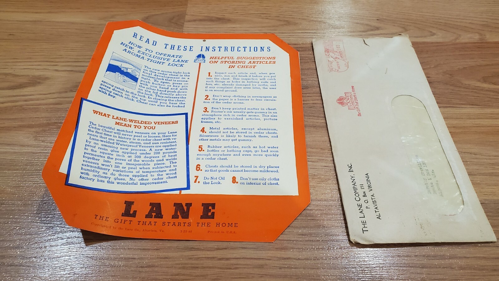Lane Cedar Chest Promo Insert Insurance Document ONLY Altavista VA 1945 VINTAGE Lane Cedar Chest Promo Insert Insurance Document ONLY Altavista VA 1945 VINTAGE