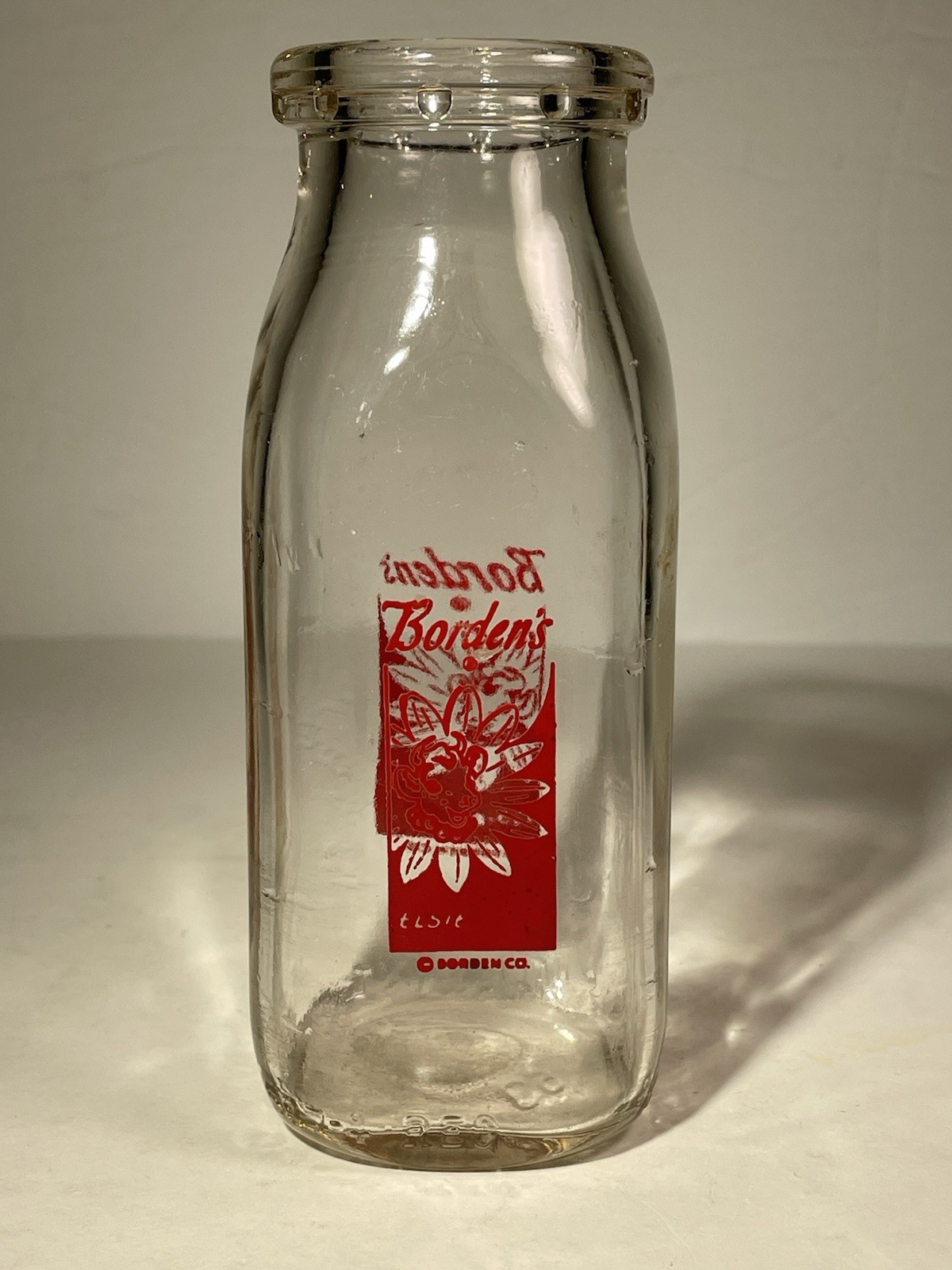VTG Borden\'s Dairy Half Pint Clear Glass Milk Bottle with Elsie Cow LOGO NO LID