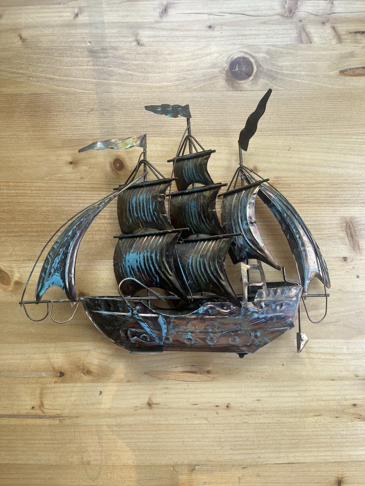 Vintage Metal Sailing Ship Sculpture Brutalist Copper Verdigris Nautical Decor