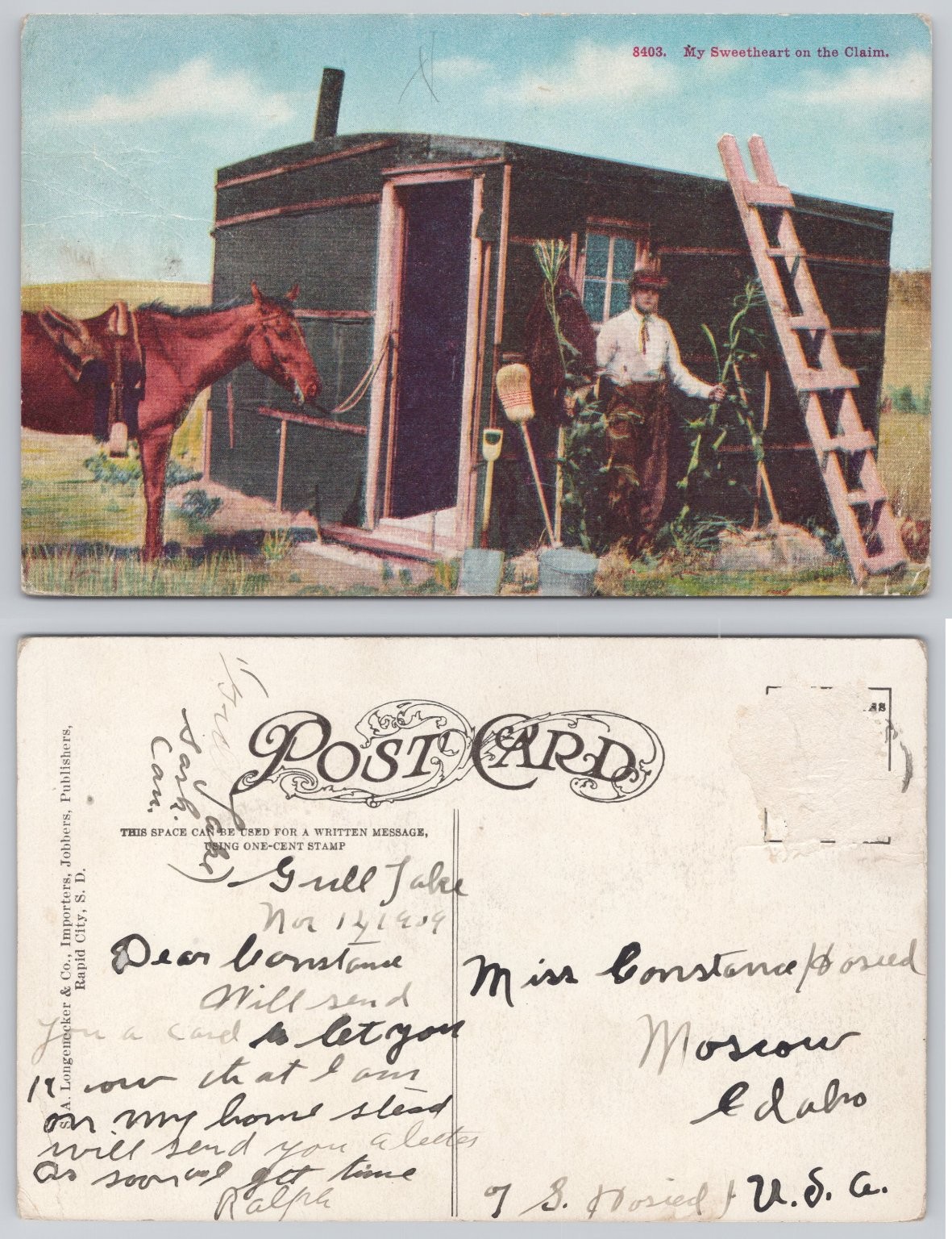 1909 Homesteading Postcard My Sweetheart on the Claim Rapid City SD