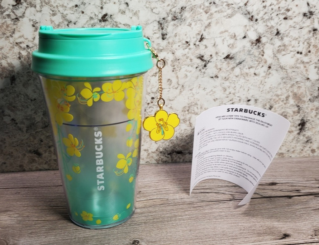 Starbucks Thailand Cassia Fistula 12oz Tumbler Cup Green w Hanging Flower Charm