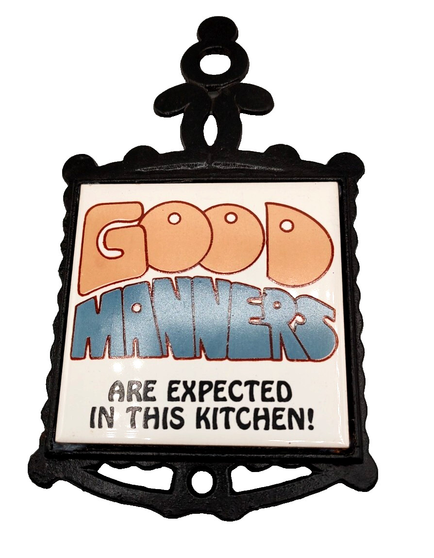 Cast Iron Ceramic Tile Trivet Good Manners Are Expected Kitchen Vtg Groovy Cast Iron Ceramic Tile Trivet Good Manners Are Expected Kitchen Vtg Groovy