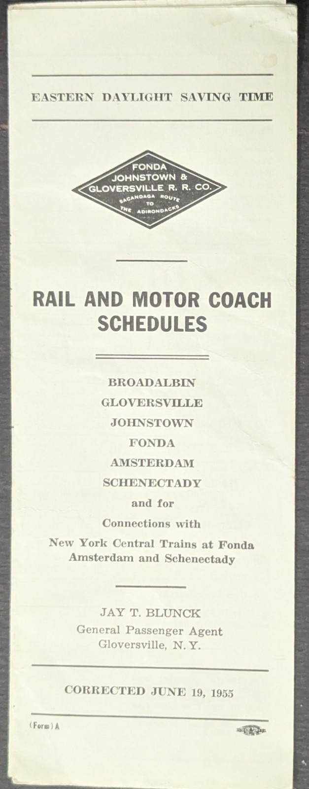 **1955 FONDA, JOHNSTOWN & GLOVERSVILLE RAILROAD RAIL & MOTOR COACH SCHEDULES** 