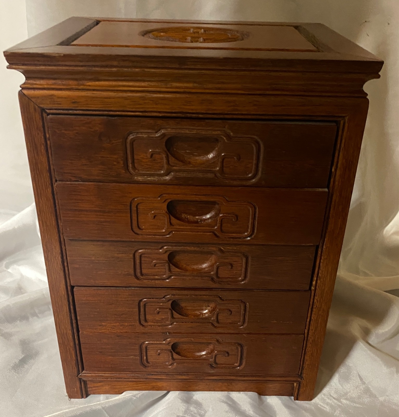 Vintage Chinese Carved 5-Drawer Rosewood Jewelry Chest Handmade Gorgeous 