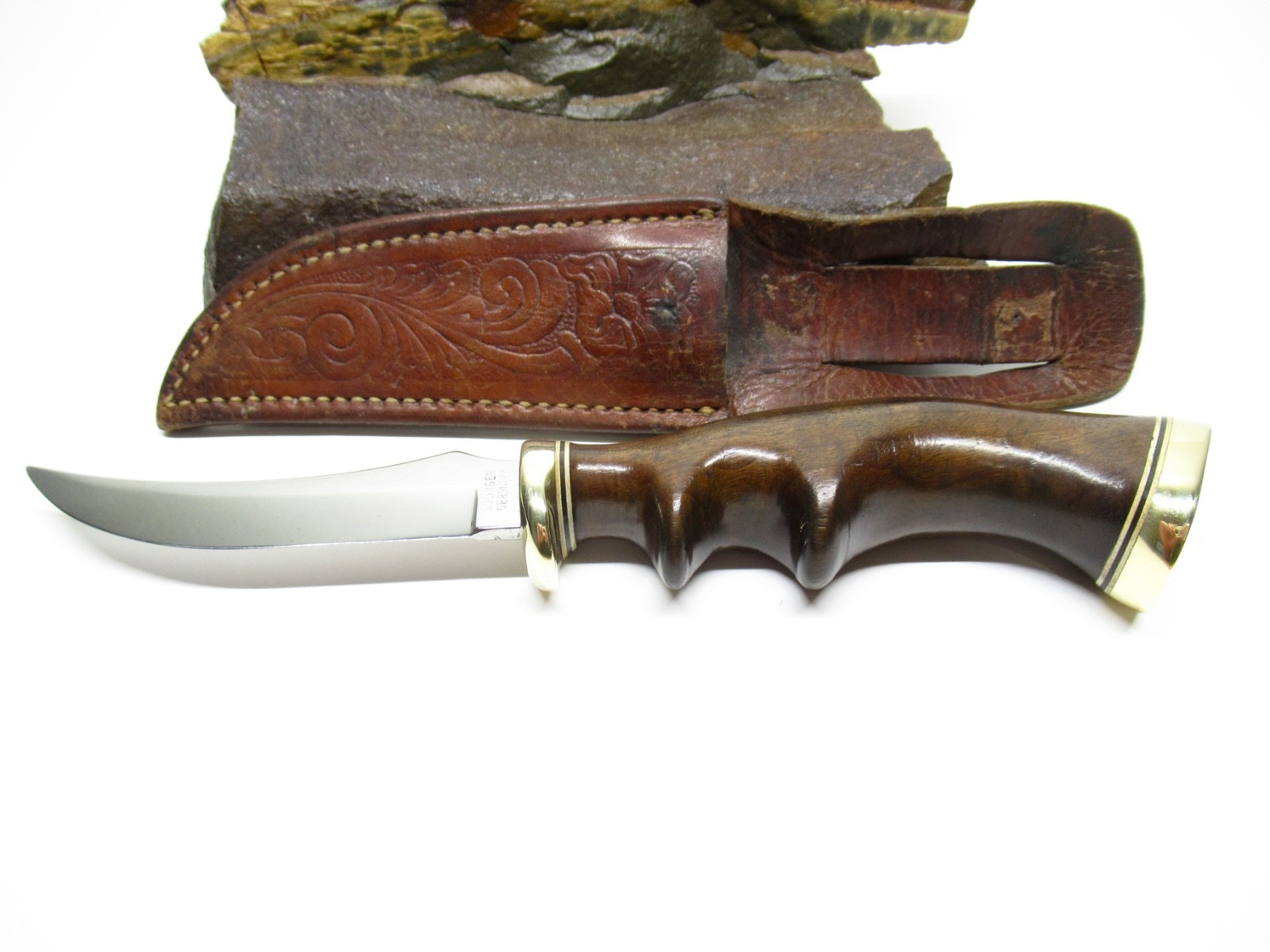 VINTAGE 1950-60 SOLINGEN GERMANY FINGER HOLD BEAUTIFUL WOOD HANDLE SKINNER KNIFE