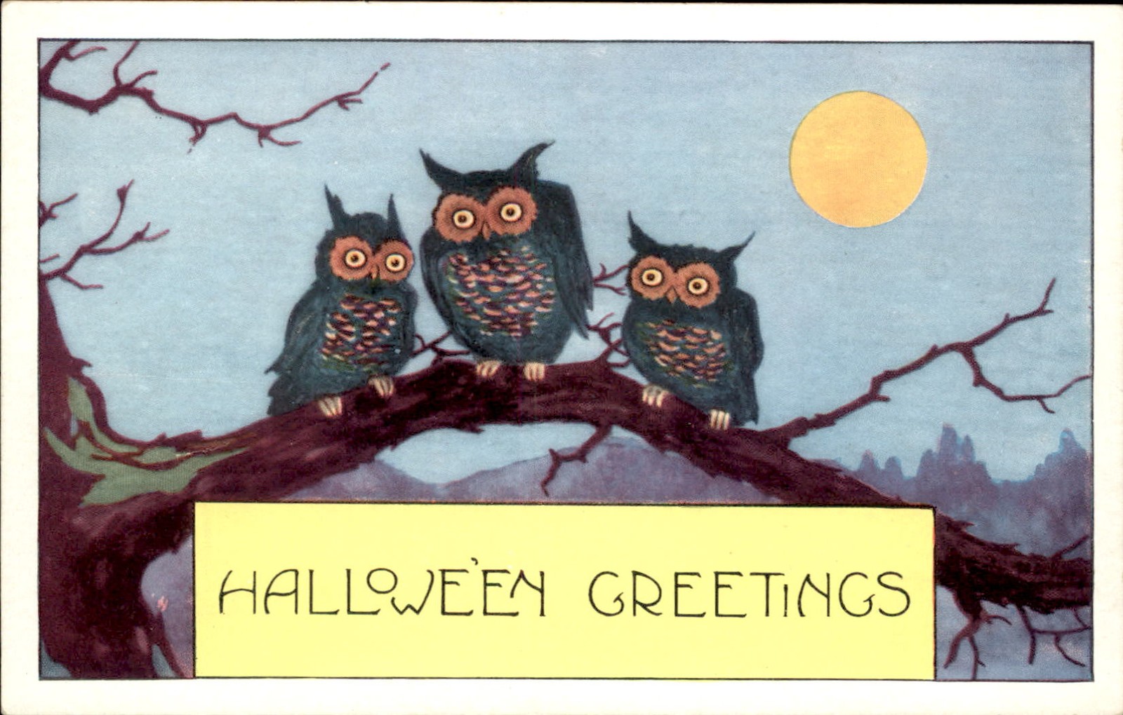 Halloween Three Owls on Branch Whitney c1910s-20s EXC COND Postcard bhn