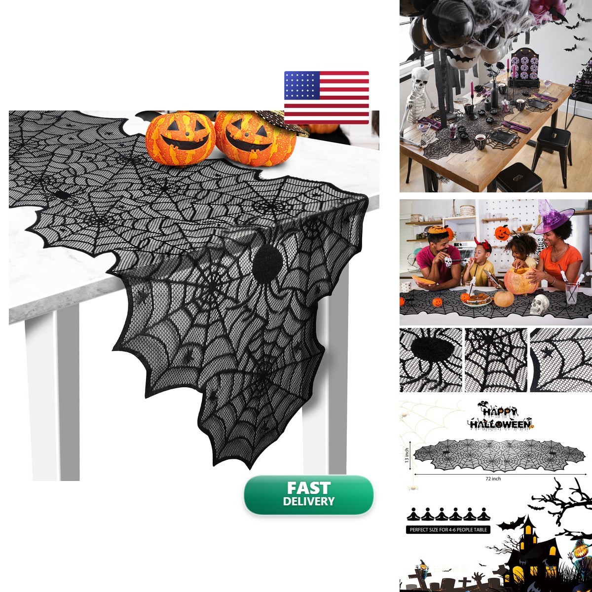 Halloween Black Lace Spider Web Table Runner 18 x 72 in