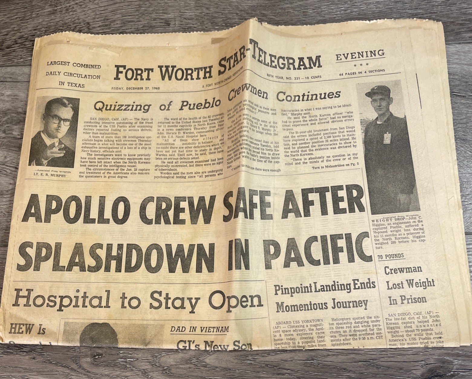 1968 Fort Worth Star-Telegram Newspaper Apollo 8 Moon Mission Splashdown Pueblo
