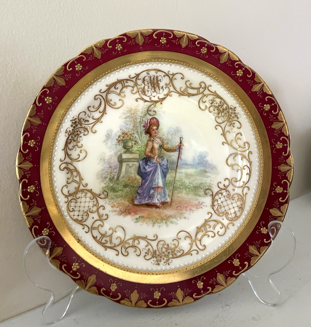 Rare Atq Ambrosius Lamm Dresden Plate Monogram Jeweled Gold Encrusted 7 3/4