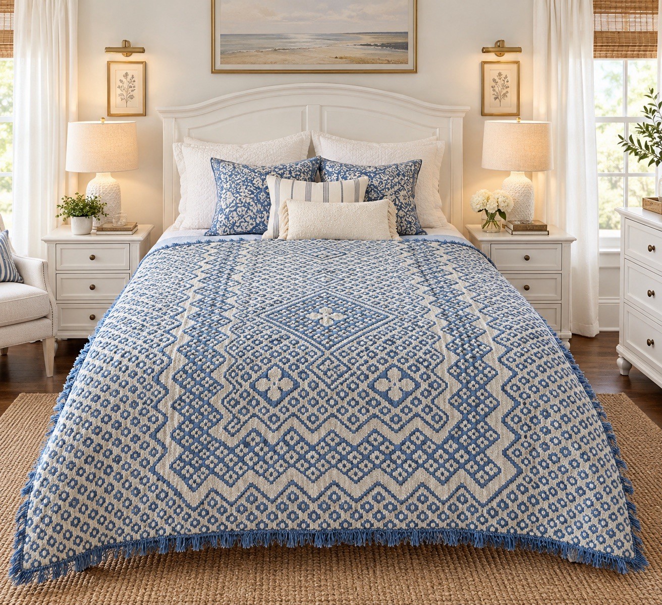 Vintage Blue and White Chenille Queen/King Coverlet Coquette Cottage Core Vintage Blue and White Chenille Queen/King Coverlet Coquette Cottage Core