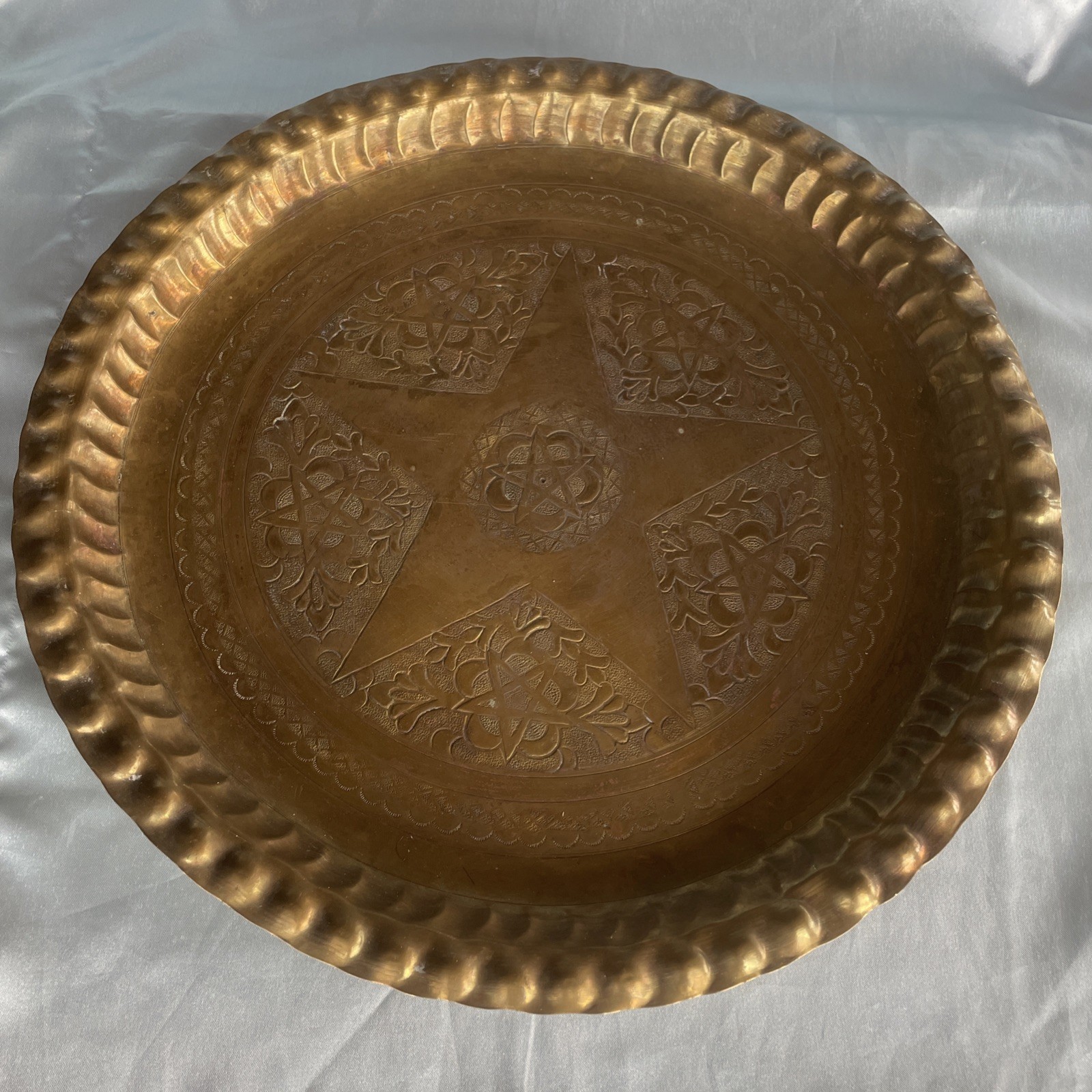 Vintage Brass Tray Pie Crust Edge Moroccan or Persian Design 13.5” star floral