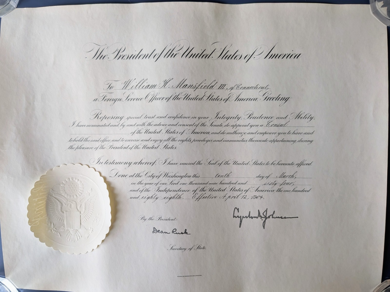 1964 Lyndon B. Johnson Presidential Appointment Certificate Seal Signature