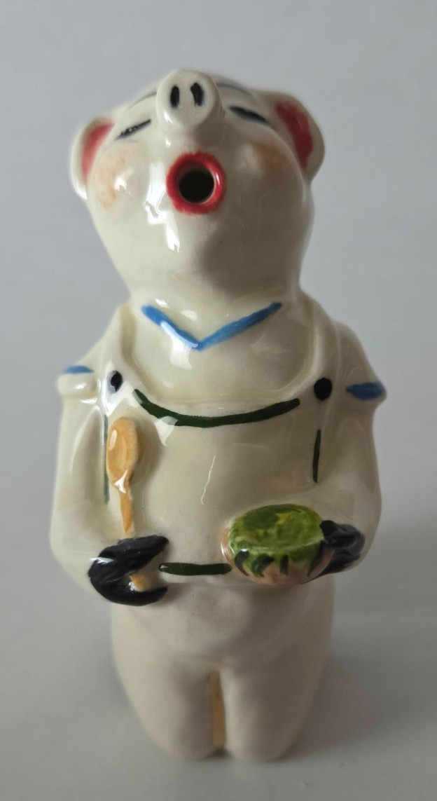 RARE VINTAGE Adrian Pottery Pig Singing for Food Pie Bird with Gold Accents RARE VINTAGE Adrian Pottery Pig Singing for Food Pie Bird with Gold Accents