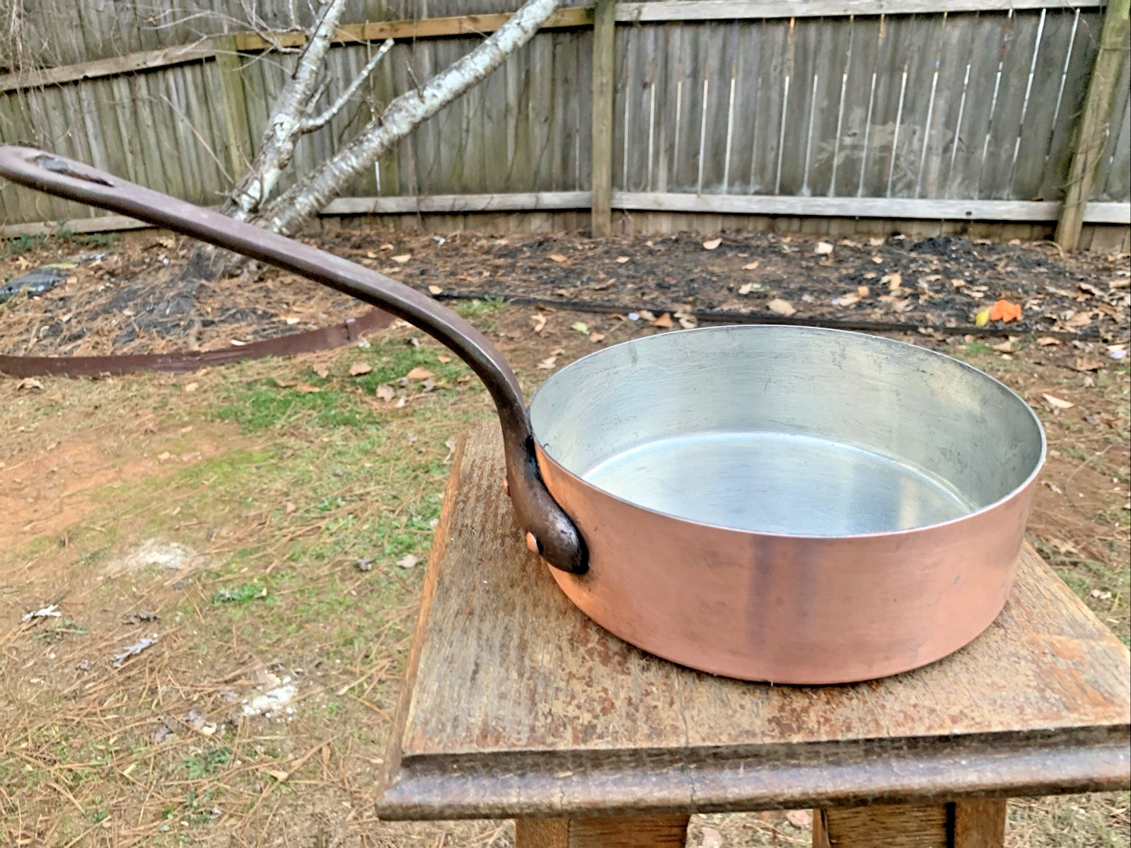 Antique French 20cm Copper Saute Pan Tin Lining  Cast Iron Handle