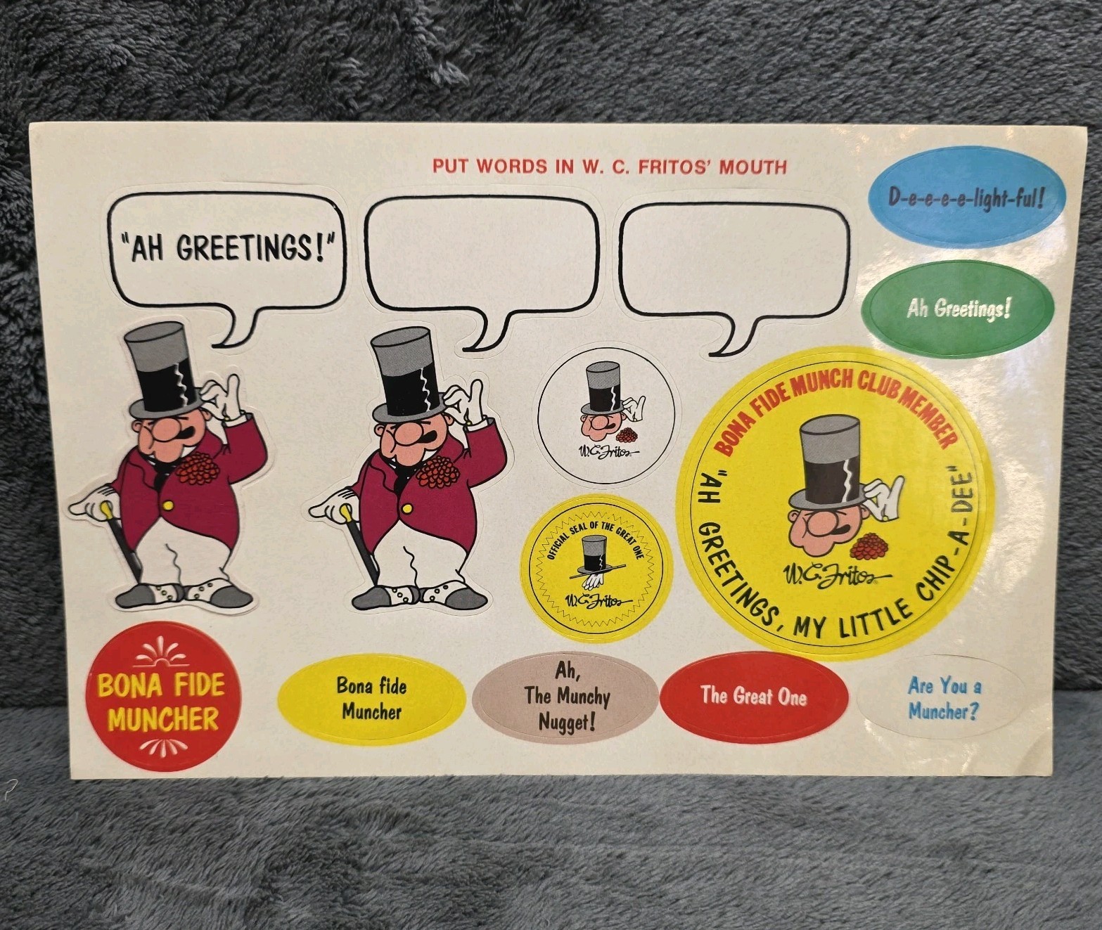 Vintage W.C. Fritos Sticker Sheet Frito Lay Munch Club Unused Advertising Rare