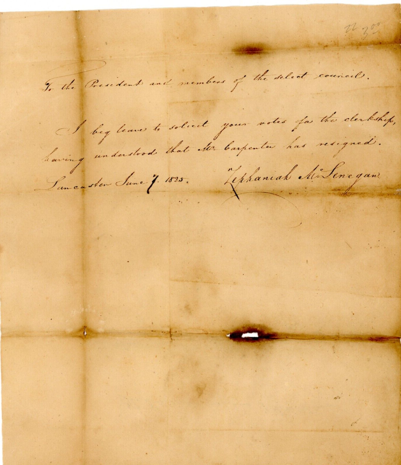 1825 Handwritten letter Lancaster PA Signed Zephaniah M Lenegan Anti Masonic
