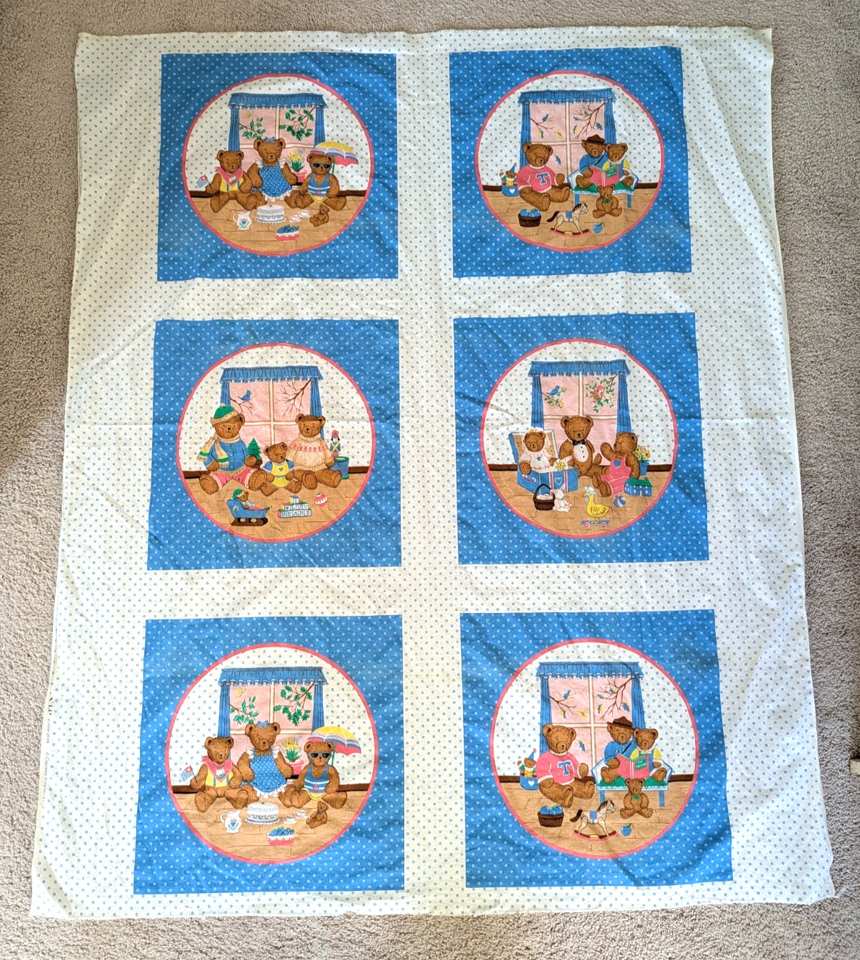 Adorable 1980s vintage Cranston VIP fabric panel with bears/seasons blue/white