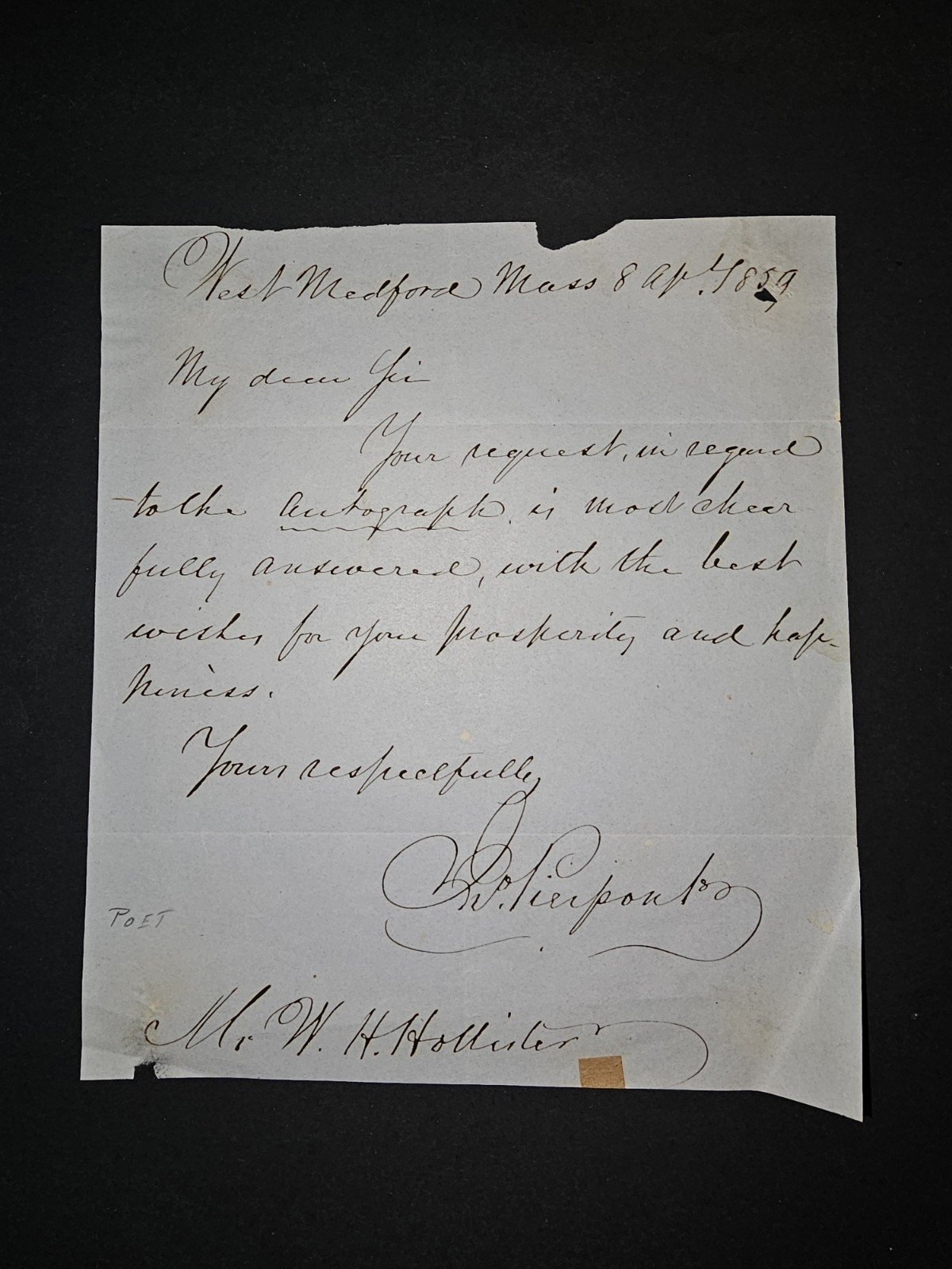 1859 ALS Poet John Pierpont to Autograph Seeker – Abolitionist Signed Letter