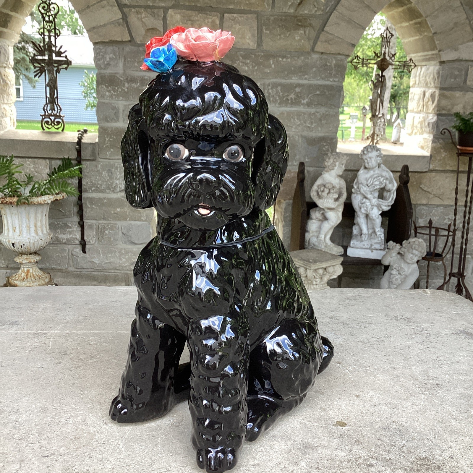 VINTAGE ANTHROPOLOGIE BLACK POODLE DOODLE COOKIE JAR SOLD OUT HANDPAINTED 