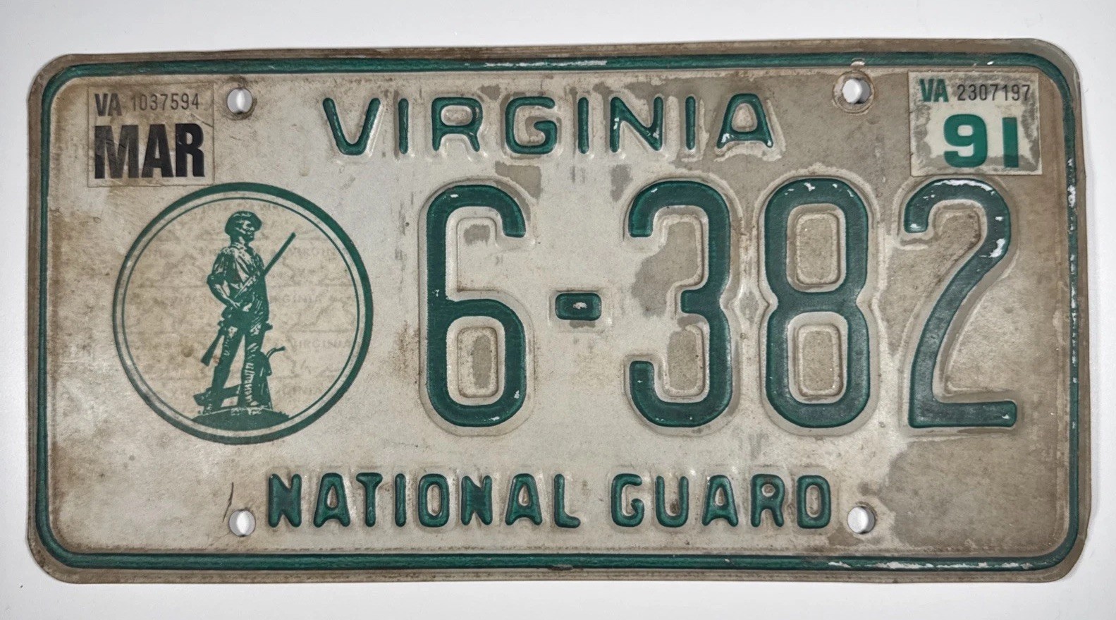 Vintage 1991 Virginia National Guard License Plate Green Lettering 6-382