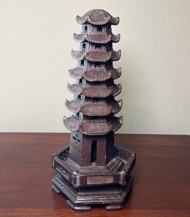 VTG Antique Asian Oriental Chinese Handmade Soapstone 7 Tier Pagoda on Stand