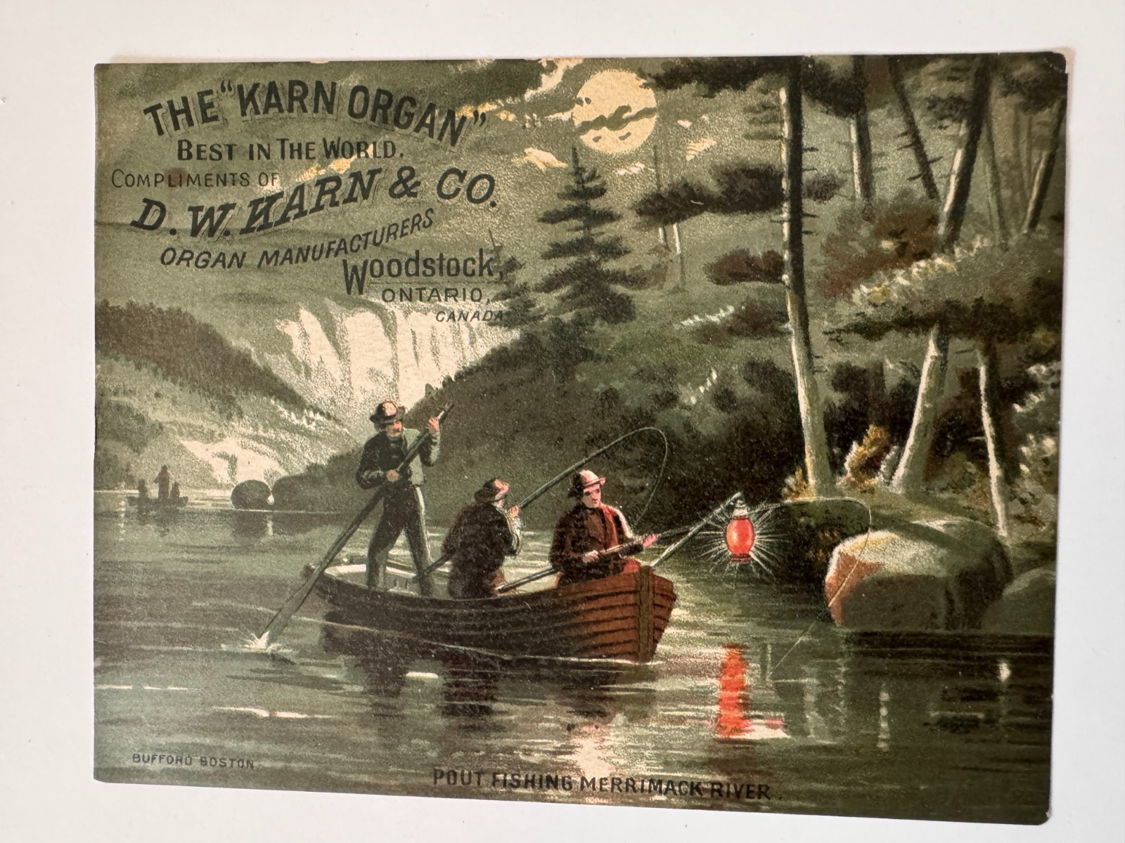 Large Trade Card Woodstock Ontario Canada DW Karn Organ Mfg night fishing river
