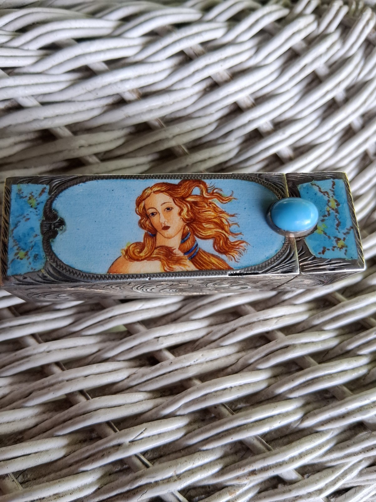 Vintage Italy Floral 800 SILVER LIPSTICK CASE BLUE ENAMELED