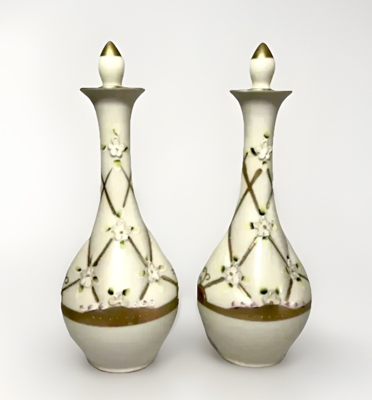 Ardalt Lenwile Japan Vanity Perfume Bottles 8” Hand Painted Quilted 2 VTG MCM