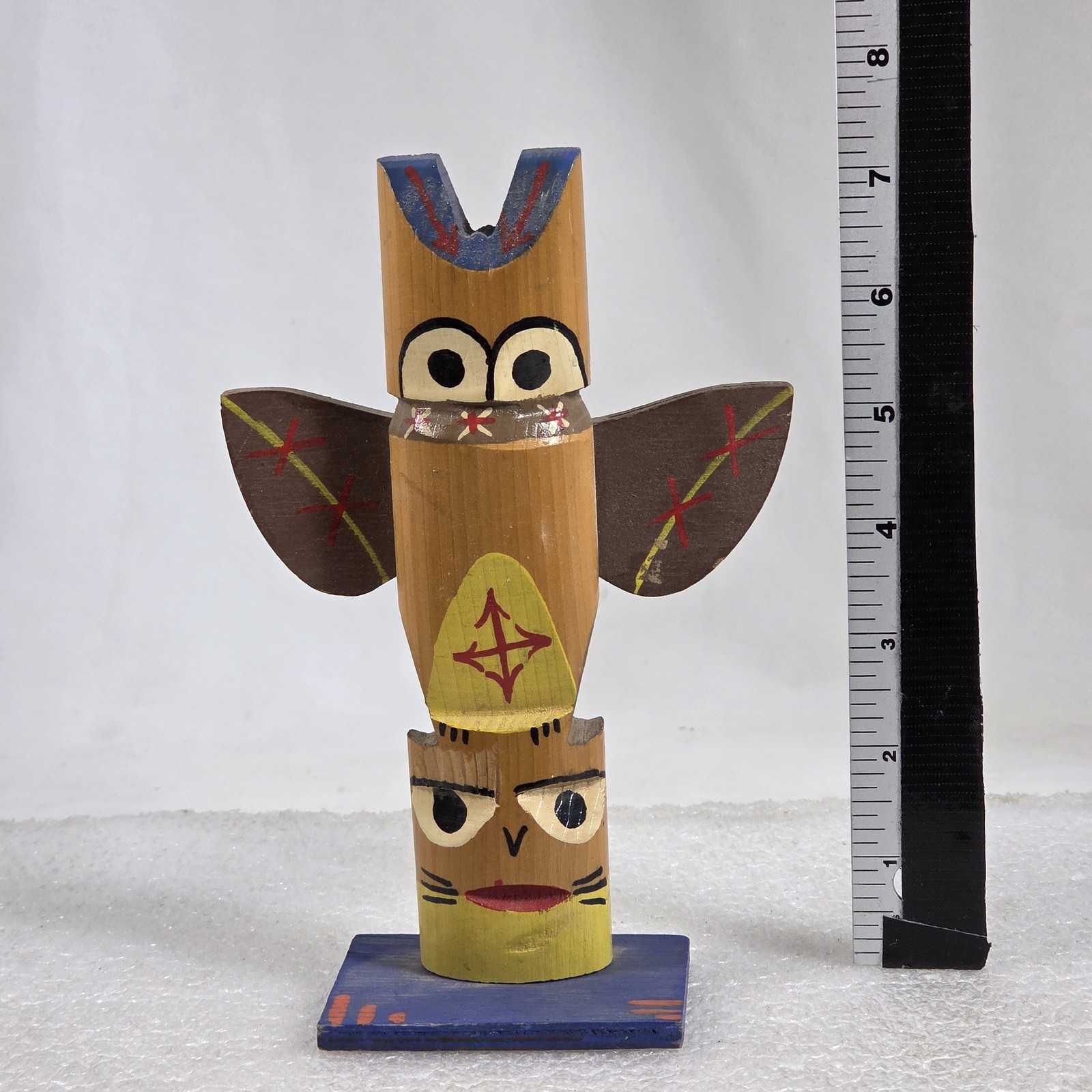 Vintage 1971 Hand Crafted Wooden Totem Pole Figurine Painted Folk Art Native Ame