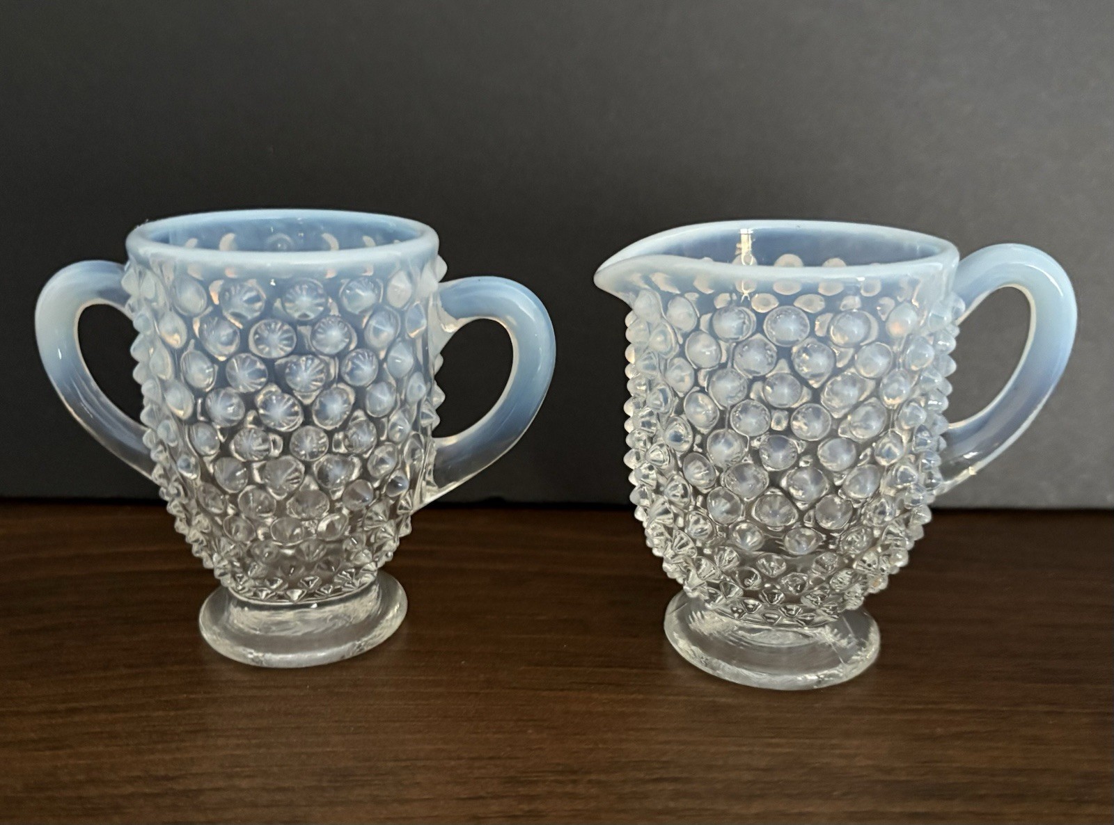 Vintage Blue Opalescent Hobnail Glass Creamer And Sugar Bowl Set