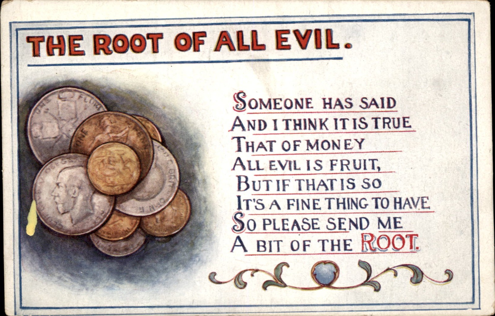 Money Coins THE ROOT OF ALL EVIL The Corona Publishing Co c1910 Postcard bhn