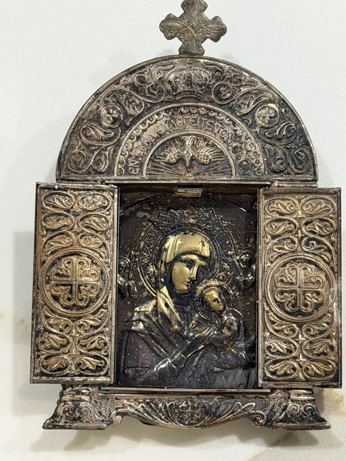 Vintage Eastern Orthodox Metal Travel Triptych Icon Virgin Mary Theotokos 4.25”