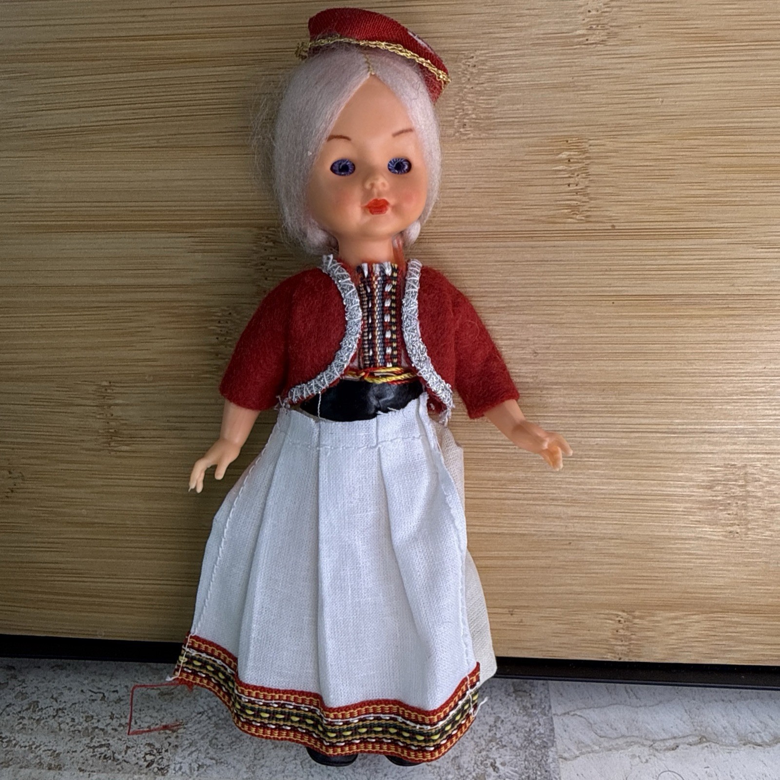 Vintage Hungarian Folk Costume Souvenir Doll Red Hat White Skirt 7” Eyes Move