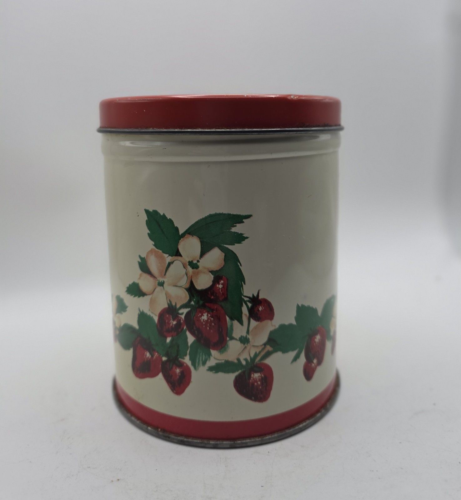 Vintage 1950s Parmeco Strawberry Tin Kitchen Canister, Litho Metal Storage