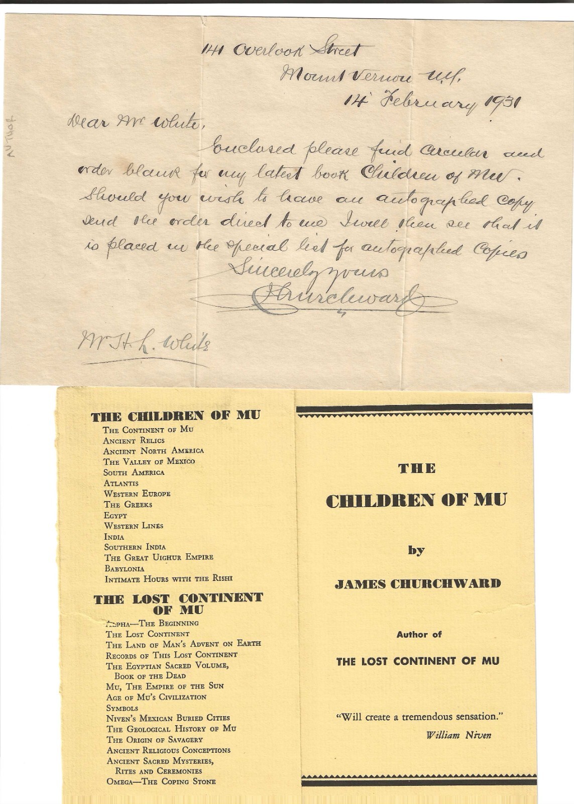 1931 RARE HANDWRITTEN LETTER JAMES CHURCHWARD W/LOST CONTINENT OF MU AD CIRCULAR