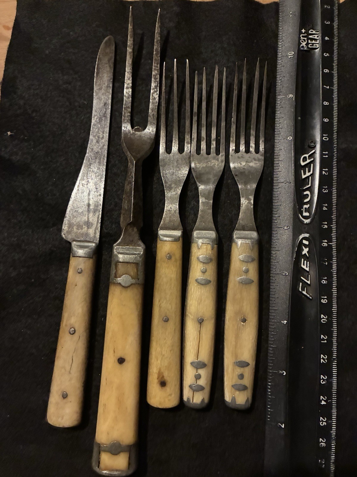 5 Piece Partial Set Antique Civil War Era Bone Handled Carbon Steel Flatware 5 Piece Partial Set Antique Civil War Era Bone Handled Carbon Steel Flatware