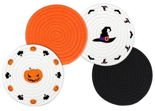 4 Pcs Halloween Cotton Woven Trivet Hot Pot Holders Pumpkin Witch Hat Braided
